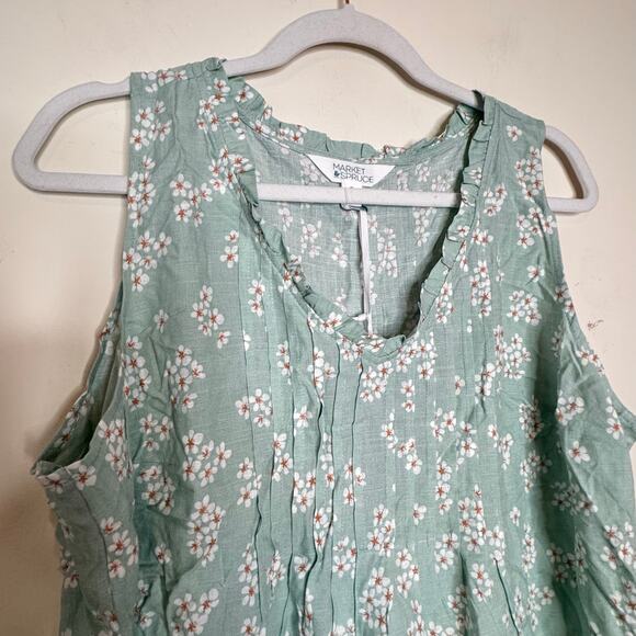 Market & Spruce Ruffle V-Neck Top XL NWT Green Floral Sleeveless Linen Blend - Picture 3 of 7